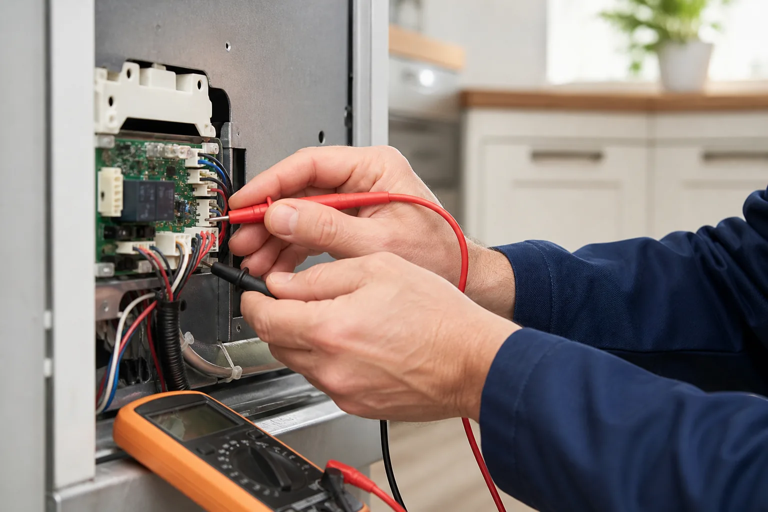 Мастер выполняет диагностику бытовой техники мультиметром